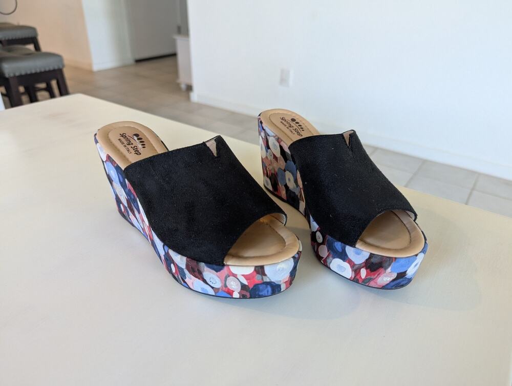 Spring Step Italy Floral Platform Wedge Slide Sandals Black Mule Womens 36 US 6